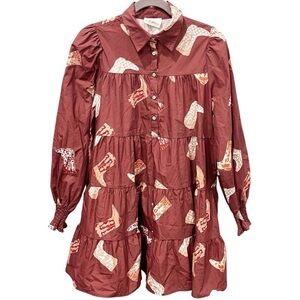 Fantastic Fawn Dress Women's Small Brown Rodeo Cowboy Boot Tiered Mini NWT